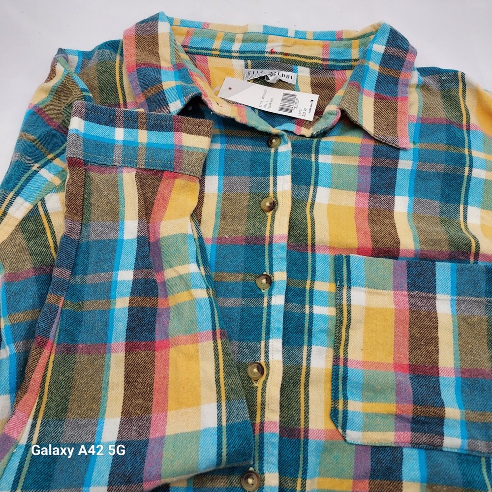 FITZ + EDDI Plaid Cropped Flannel‎ Shirt Women's Large Multicolor Button Down